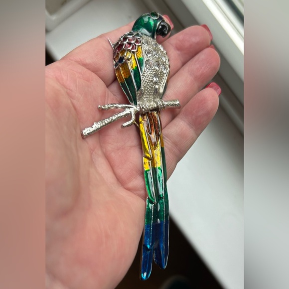 Large Tropical Parrot Bird Blue Green Guilloche Enamel Rhinestones Brooch - Picture 3 of 10